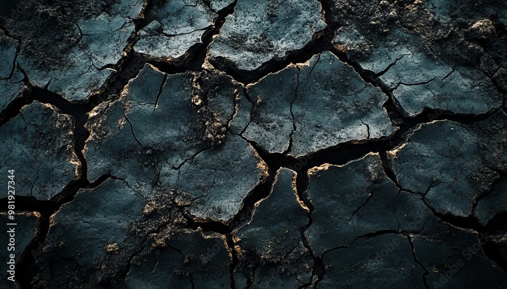Cracked Earth Surface Abstract Art With Deep Blue and Golden Tones