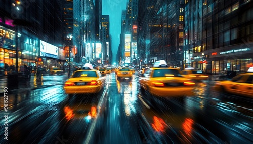 photograph of New York City street, cars and yellow cabs driving fast in the rain at night, city lights