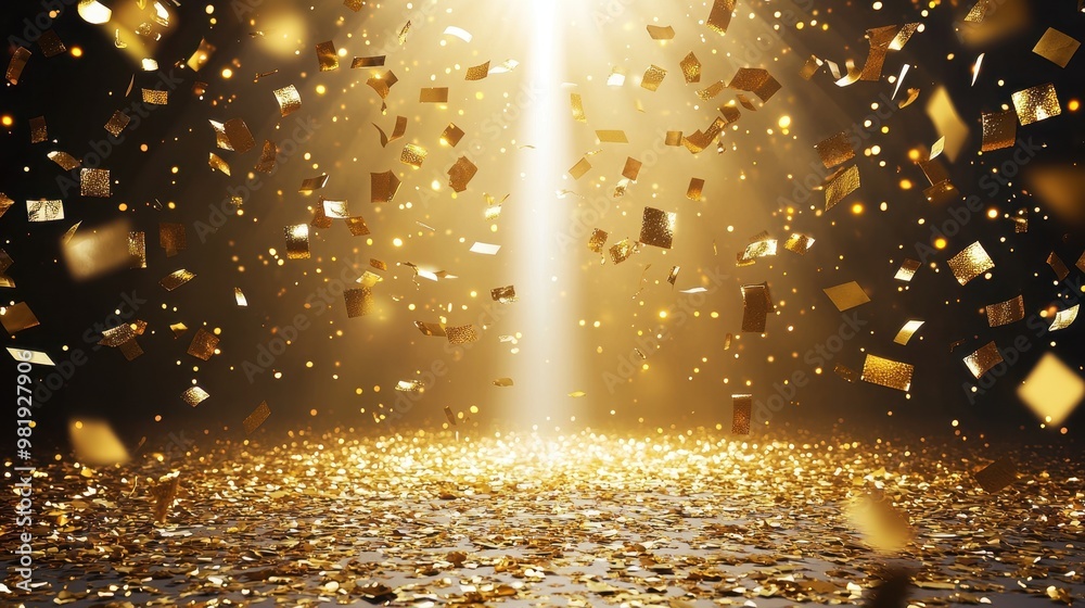 Naklejka premium Golden Confetti Celebration Background with Spotlights
