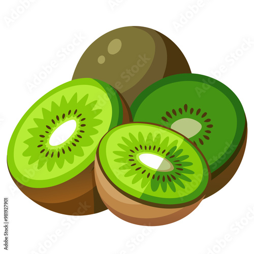 Delicious ripe kiwis, fresh fruit illustration with detailed texture, vibrant green and brown colors, perfect for healthy diet, food blogs, and stock illustrations