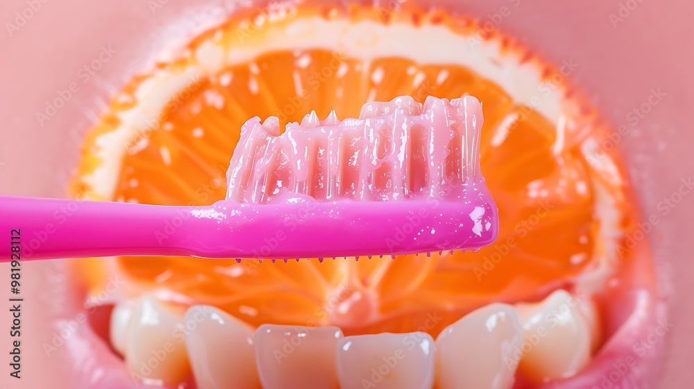 Obraz premium Pink toothpaste on an orange teeth