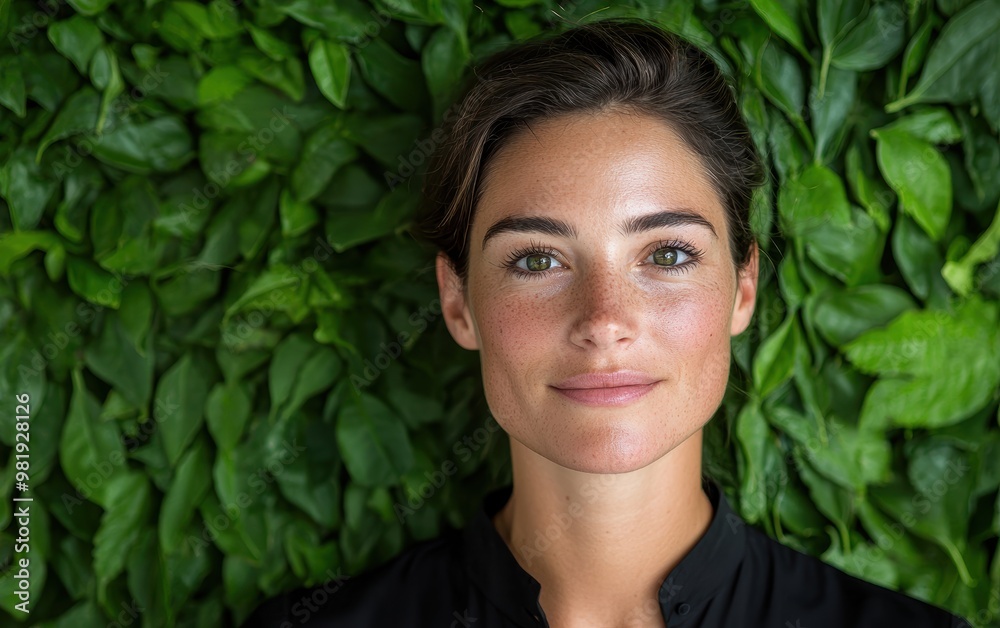 Serene woman surrounded by lush greenery Serene woman surrounded by lush greenery