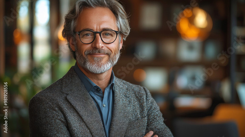 Smiling mature man wearing glasses in a professional setting.