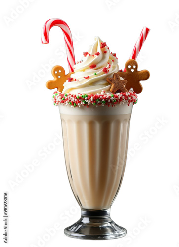 A festive Christmas-themed milkshake topped with whipped cream, colorful sprinkles, a gingerbread cookie, and a candy-striped straw. Presented on a transparent background, perfect for holiday-themed