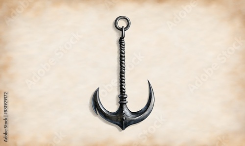 A detailed, metallic anchor rests on a textured, light background, symbolizing maritime themes and stability. photo