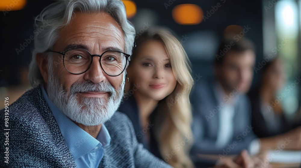 Smiling senior man wearing glasses in a meeting. Smiling senior man wearing glasses in a meeting.