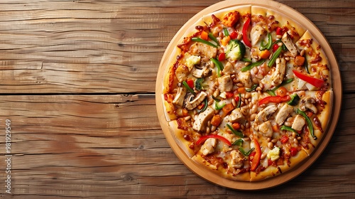 Pizza with chicken and vegetables that can be seen from above on a wooden surface in a blank area