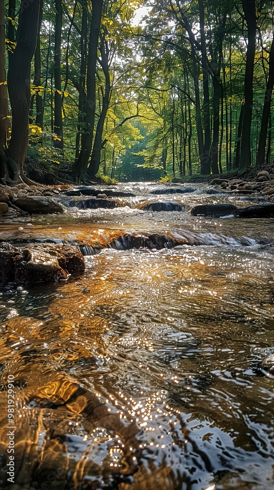 Sunlit Stream Flowing Through a Lush Forest Sunlit Stream Flowing Through a Lush Forest