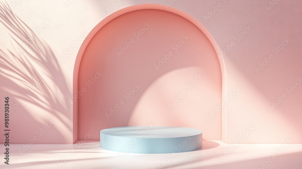 Simple empty podium in the center of an arched room with pastel-colored walls, light pink and orange blue background. ideal for product display or presentation purposes. Simple empty podium in the center of an arched room with pastel-colored walls, light pink and orange blue background. ideal for product display or presentation purposes.