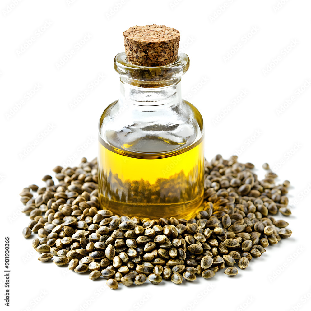 Glass bottle of Hemp seed oil surrounded by Hemp seeds Glass bottle of Hemp seed oil surrounded by Hemp seeds