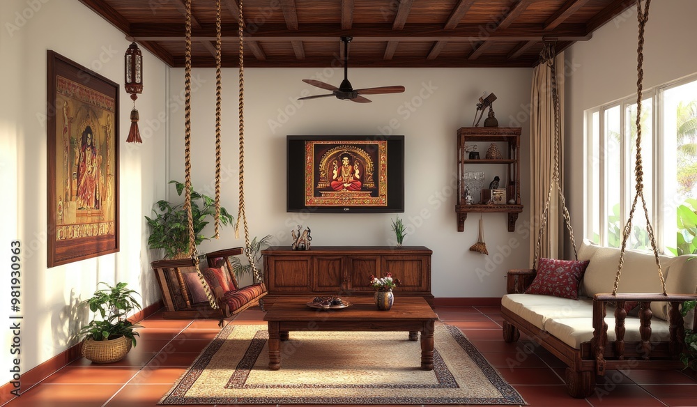 Modern living room with wooden floor, white walls with frame, shelf, the roof is made up of wooden planks, brown fan table and sofa. Created with Ai Modern living room with wooden floor, white walls with frame, shelf, the roof is made up of wooden planks, brown fan table and sofa. Created with Ai