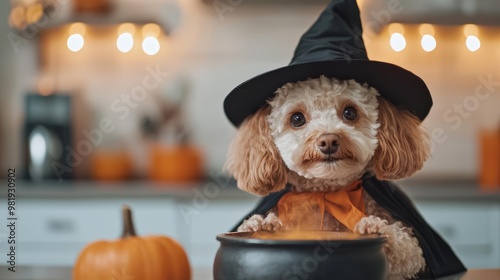 Poodle wearing a witch s hat and cape, stirring a cauldron in a spooky kitchen, witch dog, Halloween pet chef photo