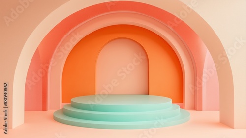 Simple empty podium in the center of an arched room with pastel-colored walls  light pink and orange blue background. ideal for product display or presentation purposes.