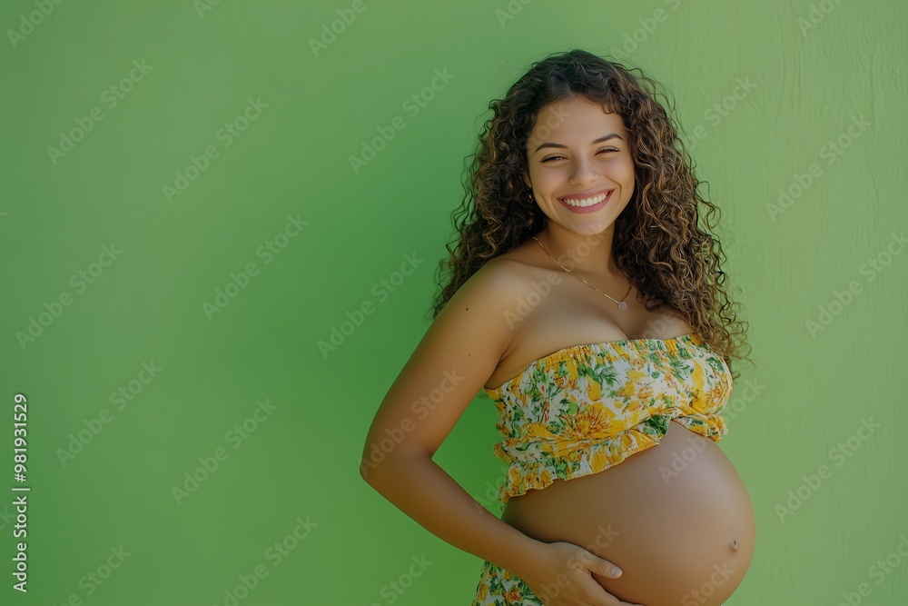 A pregnant girl with a green background is touching her belly, concept of women's health, pregnancy planning, happiness of motherhood, banner, poster for social projects A pregnant girl with a green background is touching her belly, concept of women's health, pregnancy planning, happiness of motherhood, banner, poster for social projects