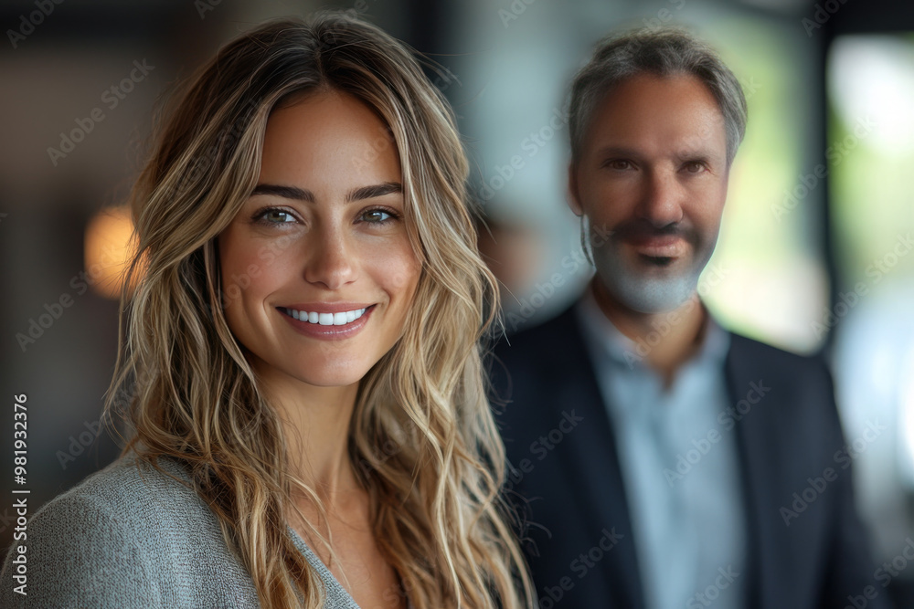 Young woman smiles confidently with a man in the background. Young woman smiles confidently with a man in the background.
