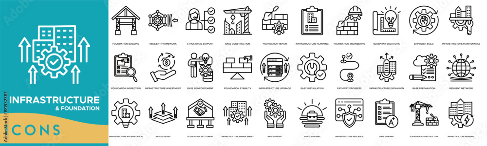Infrastructure and Foundation icon. Foundation Building, Resilient Framework, Structural Support, Base Construction and Foundation Repair Infrastructure and Foundation icon. Foundation Building, Resilient Framework, Structural Support, Base Construction and Foundation Repair