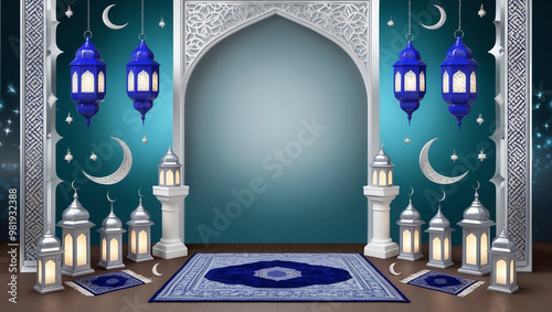 An elegant Ramadan scene featuring lanterns, crescent moons, stars, and ornate prayer rugs, creating a serene and spiritual atmosphere with Islamic architectural elements. photo