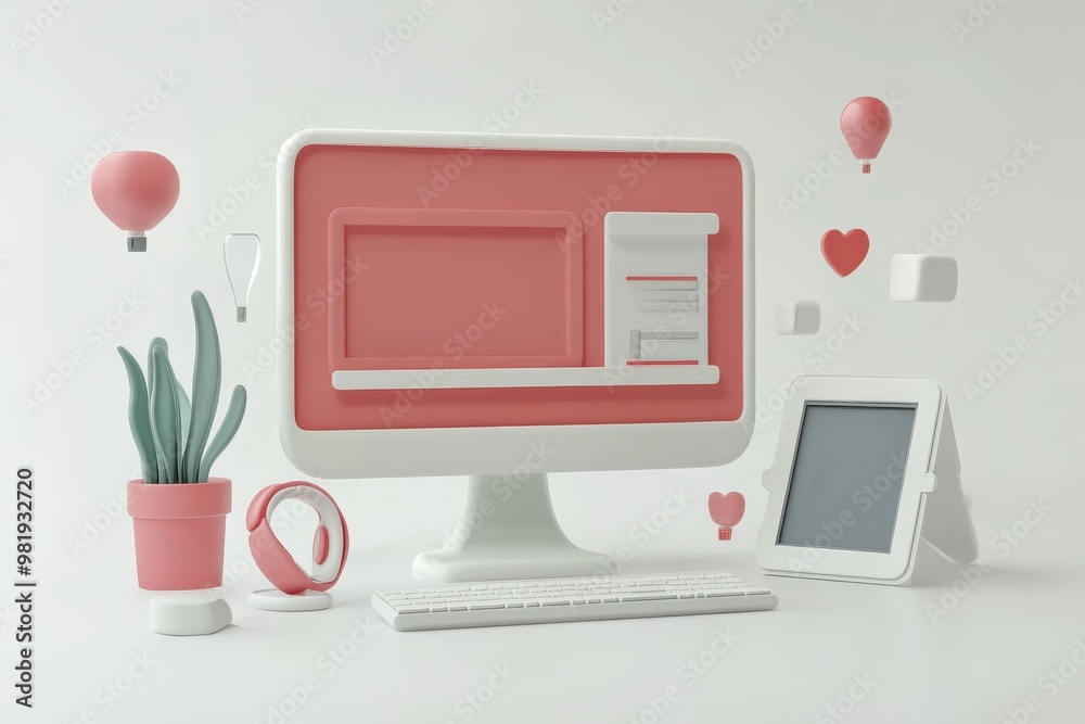 Modern pink computer, tablet, headphones, and plant on white background. Modern pink computer, tablet, headphones, and plant on white background.