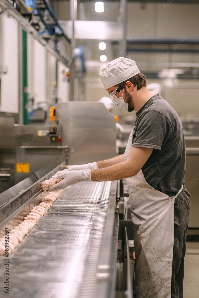 An Employee Inspects A Conveyor Belt In A Food Processing Plant. They Check For Proper Functioning And Cleanliness An Employee Inspects A Conveyor Belt In A Food Processing Plant. They Check For Proper Functioning And Cleanliness