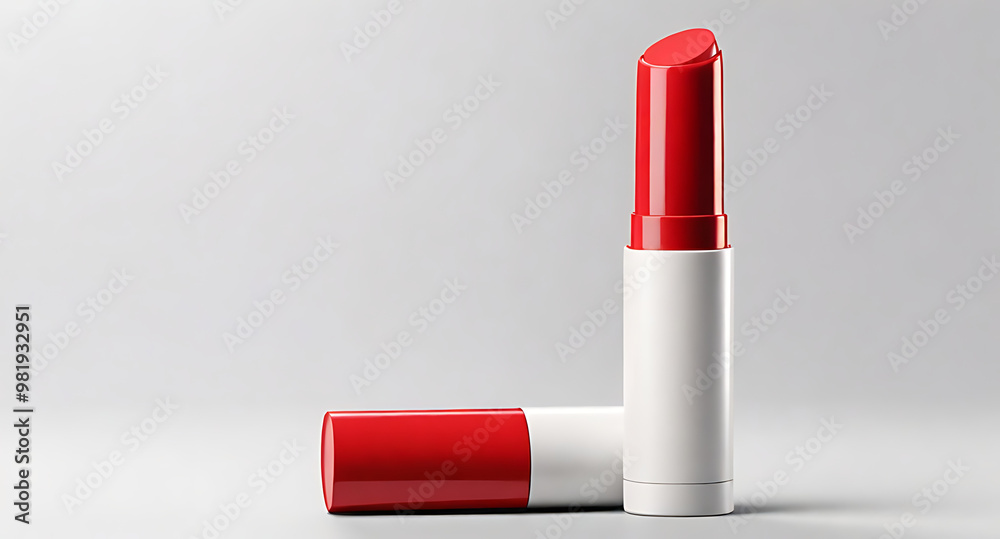 A Mockup of minimalist red lipstick tube, isolated on a plain white background. Ideal for beauty branding, makeup product mockups, or cosmetics
