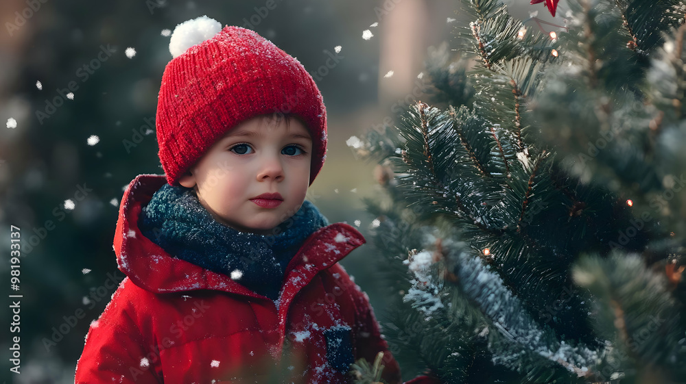 Happy kid Standing With Christmas Tree 