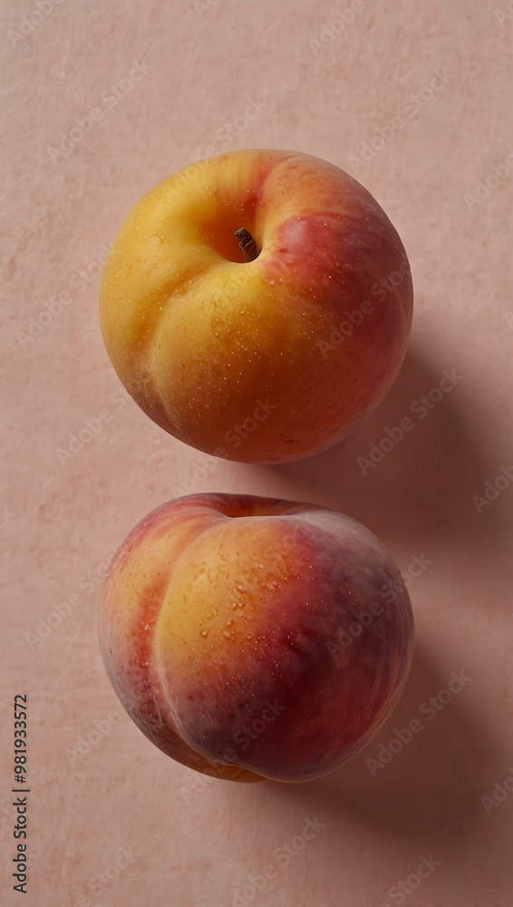 Three peaches on a pink surface. Three peaches on a pink surface.