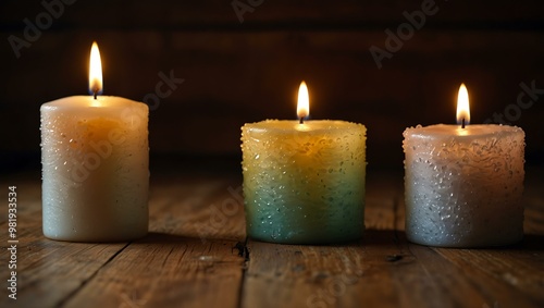 Three glowing candles on a wooden surface, casting gentle light.