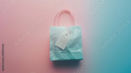 Top view of a small gift bag with tissue paper, clean pastel background, tiny gift tags, playful and inviting. photo