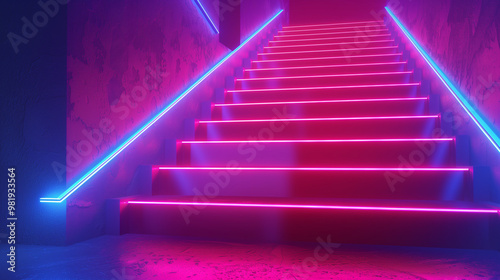 Neon-lit staircase in a futuristic environment with glowing pink and purple hues