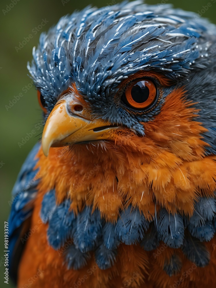 Tight shot of a blue bird’s expressive face with vivid orange details. Tight shot of a blue bird’s expressive face with vivid orange details.