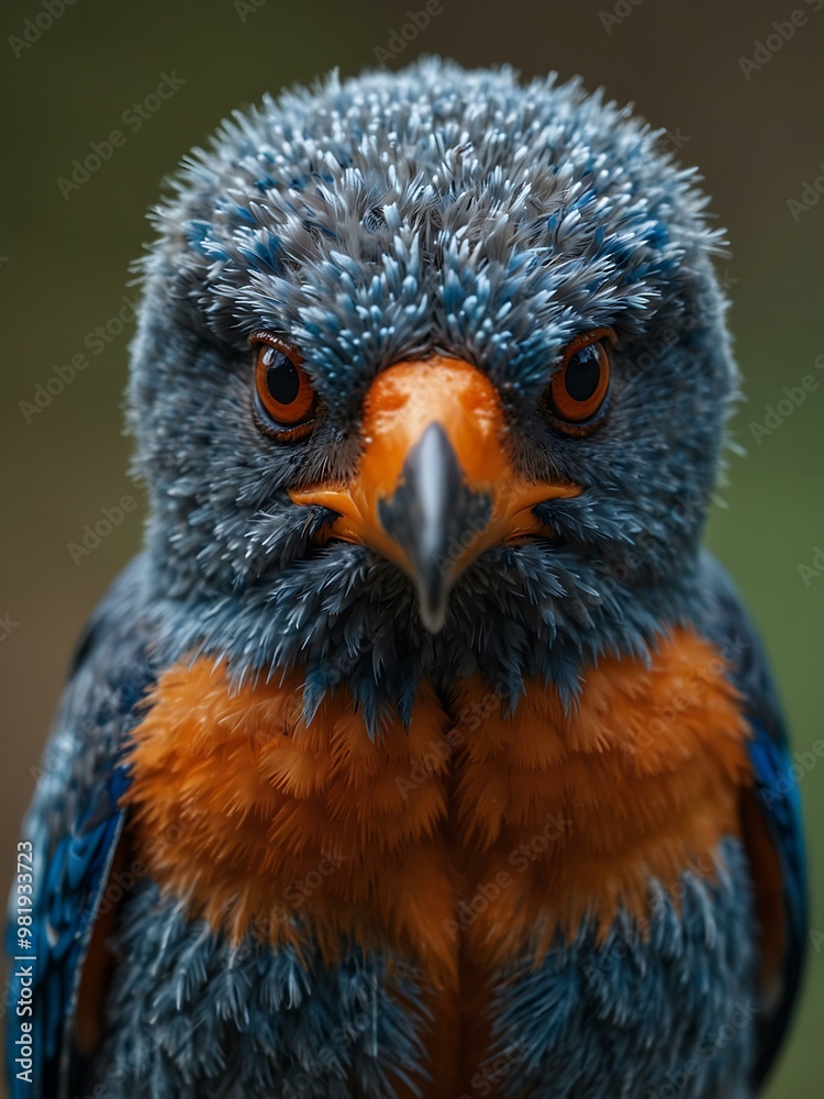 Tight shot of a blue bird’s expressive face with vivid orange details.