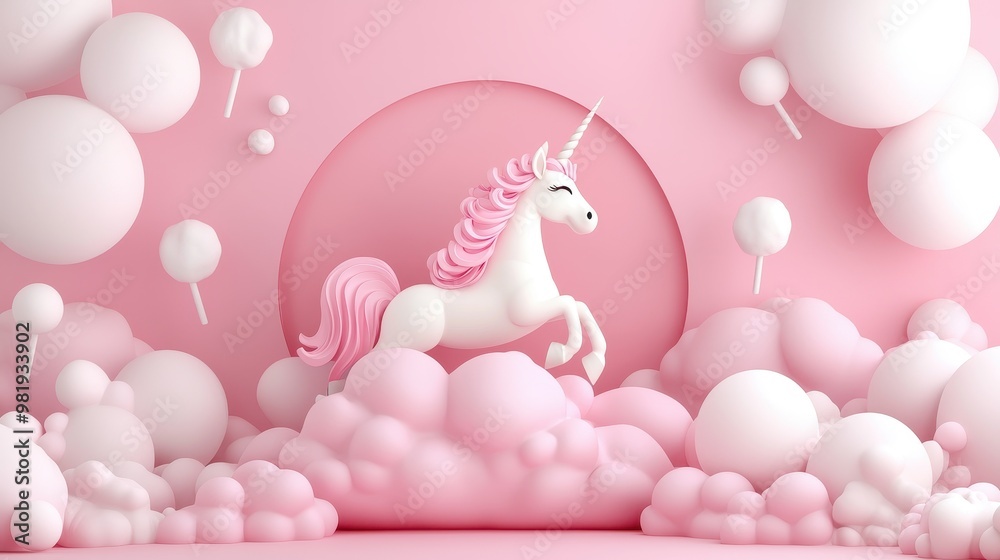 Cute Unicorn on Pink Clouds with  D Spheres Background