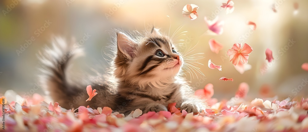 Fototapeta premium A playful kitten surrounded by colorful flower petals, embodying a whimsical and serene atmosphere in a sunlit setting.