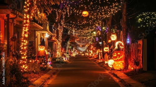 Halloween Street Decorated with Pumpkins and Lights