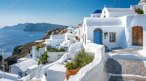 Picturesque White Buildings and Homes on a Scenic Coastal Hillside in Santorini Greece