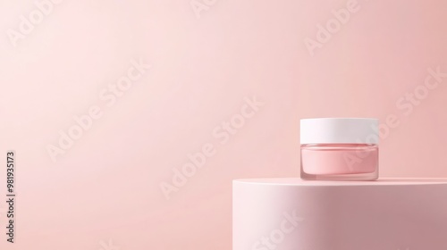 A minimalist scene featuring a pink cosmetic jar on a soft pink background, perfect for skincare and beauty branding.