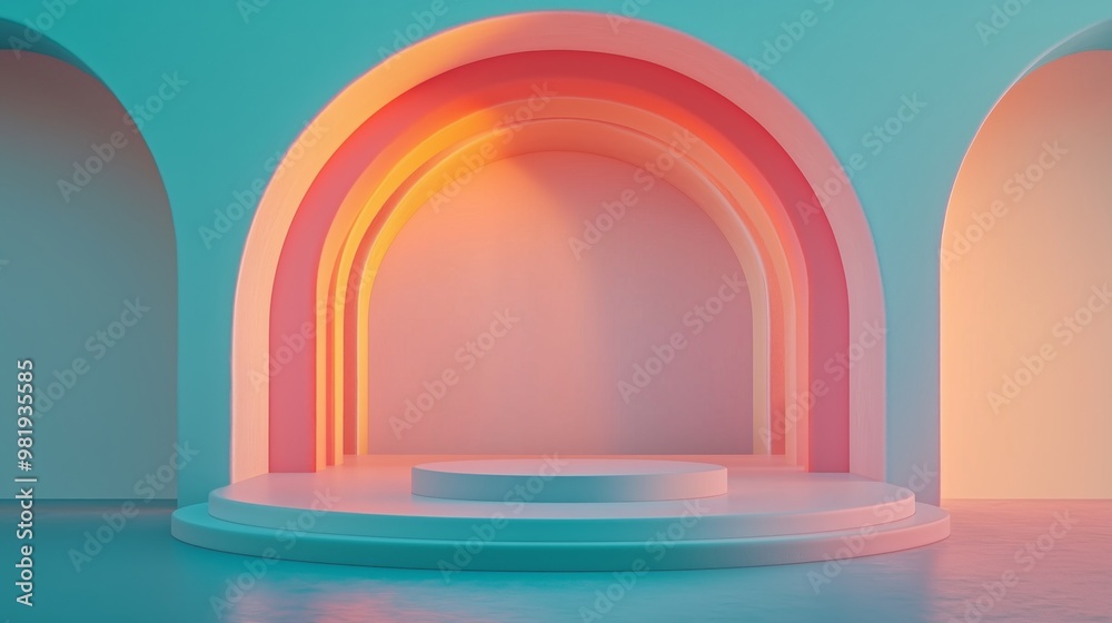 Simple empty podium in the center of an arched room with pastel-colored walls, light pink and orange blue background. ideal for product display or presentation purposes. Simple empty podium in the center of an arched room with pastel-colored walls, light pink and orange blue background. ideal for product display or presentation purposes.