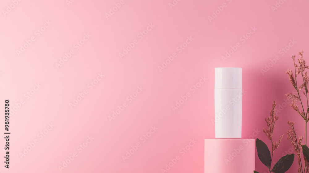 Minimalist composition with a white vase on a pink pedestal against a soft pink background, complemented by delicate plant decor.