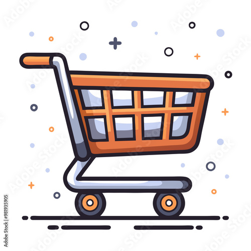 Cartoon Shopping Cart in Orange and Blue Representing E-commerce and Retail