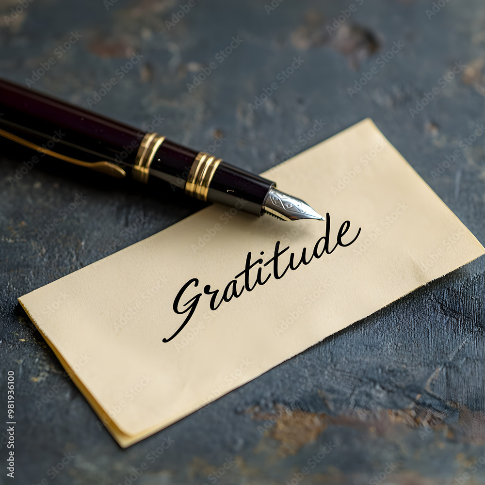 The word gratitude written on a note next to a fountain pen The word gratitude written on a note next to a fountain pen