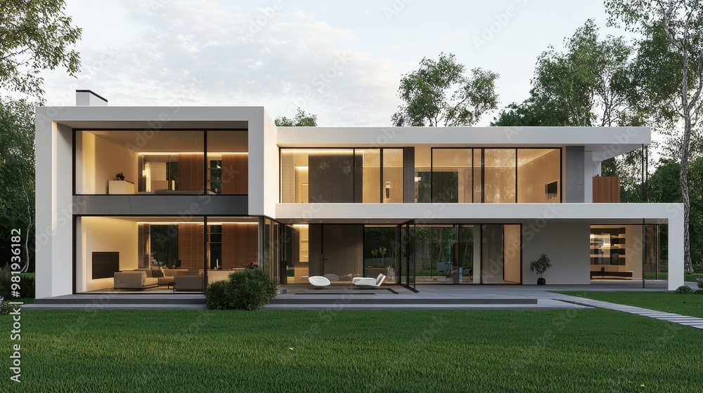 Modern White House with Large Windows and Green Grass Lawn Modern White House with Large Windows and Green Grass Lawn