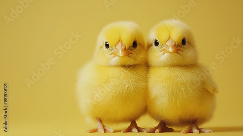 Two fluffy yellow chicks stand closely together against a bright yellow background, exuding cuteness and warmth. photo