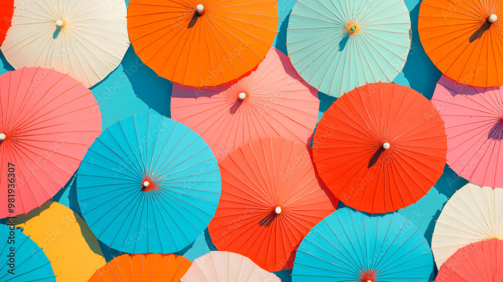 Naklejka premium a lot of colorful bright umbrellas, in Japanese style
