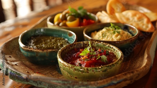 Platters and dipping sauce bowl details