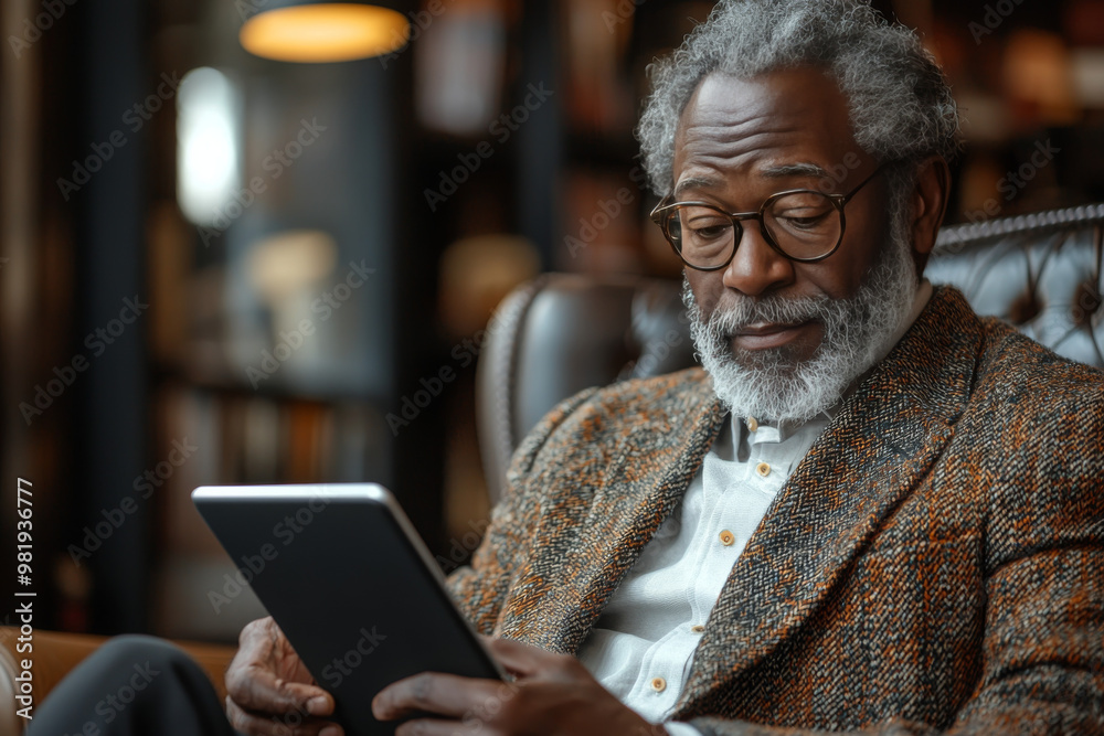 An older man is browsing the internet on his tablet while sitting in a leather chair. An older man is browsing the internet on his tablet while sitting in a leather chair.
