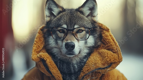 A wolf wearing glasses and a warm jacket poses for a stylish portrait in a winter landscape with soft golden light photo