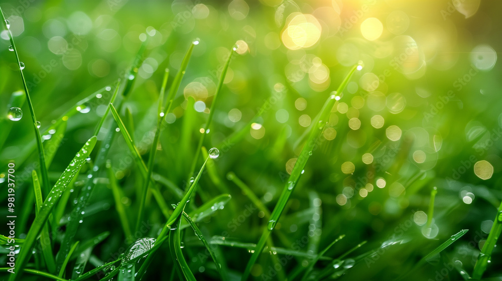 Close-up of fresh green grass covered in dewdrops at sunrise with soft bokeh background Close-up of fresh green grass covered in dewdrops at sunrise with soft bokeh background