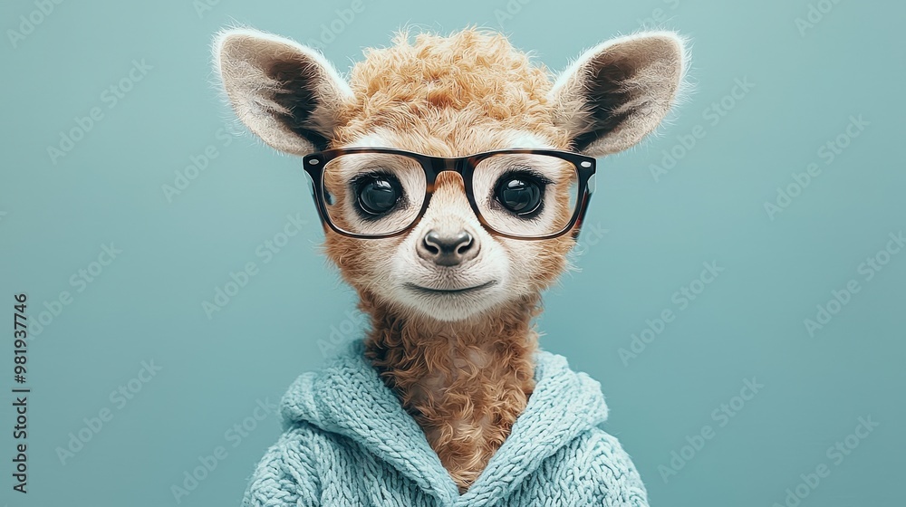 A cute young giraffe wearing glasses and a cozy sweater poses playfully against a blue background in a creative studio setting A cute young giraffe wearing glasses and a cozy sweater poses playfully against a blue background in a creative studio setting