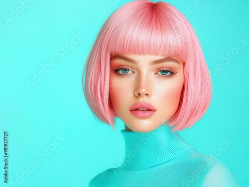 Wallpaper Mural Vibrant portrait of a model with pink hair and blue background, showcasing beauty and modern fashion trends. Torontodigital.ca