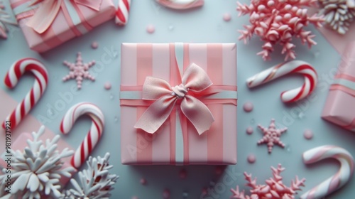 Top view of a wrapped gift with a bow, clean pastel background, candy canes, small flowers, holiday and festive.